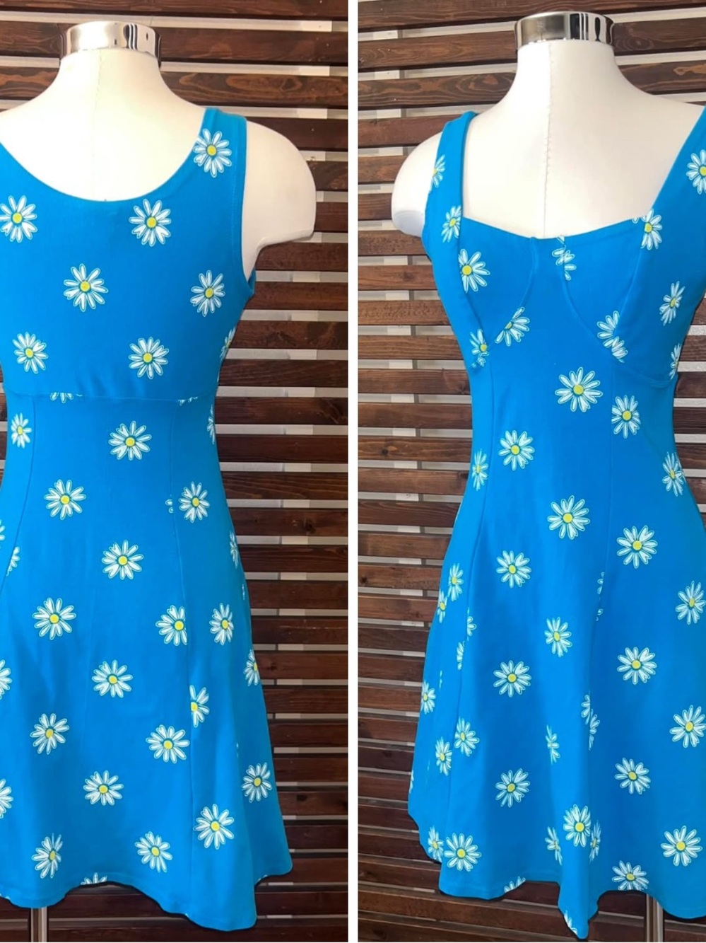 Vintage 1990s Catalina Turquoise Blue Daisy Print Dress - Small